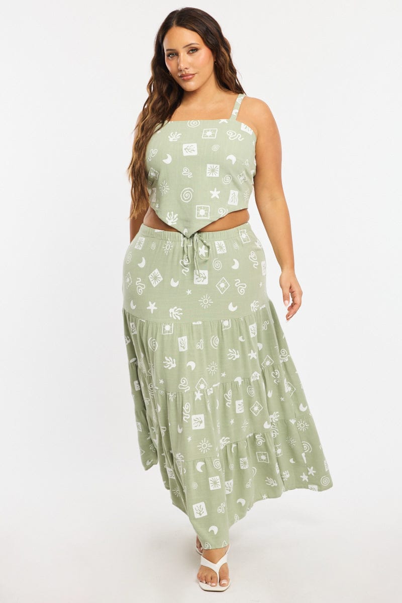 Green Abstract Maxi Skirt Tiered Linen Blend for YouandAll Fashion