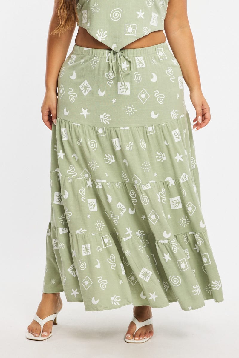 Green Abstract Maxi Skirt Tiered Linen Blend for YouandAll Fashion