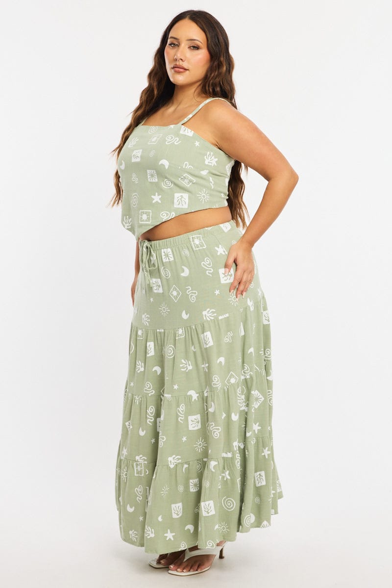 Green Abstract Maxi Skirt Tiered Linen Blend for YouandAll Fashion