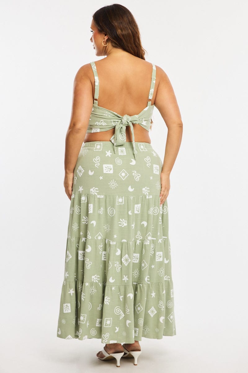 Green Abstract Maxi Skirt Tiered Linen Blend for YouandAll Fashion