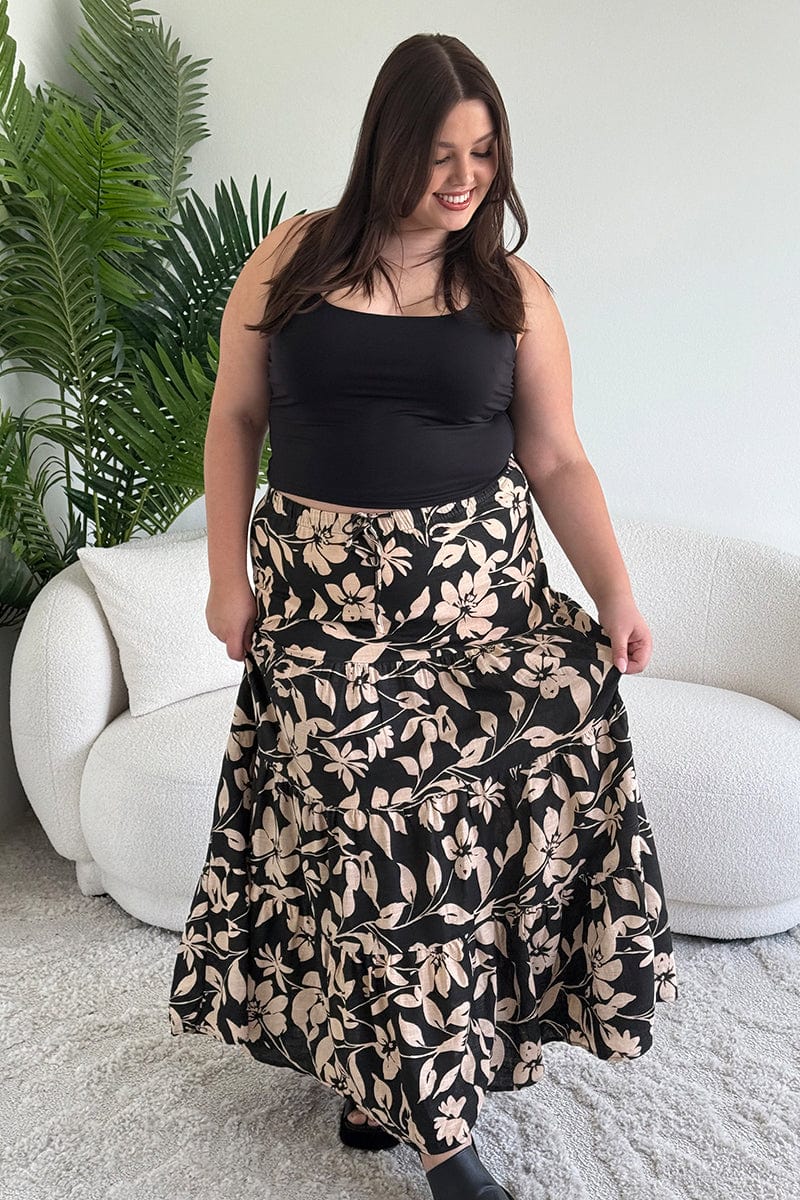 Black Floral Elastic Waist Tiered Maxi Skirt for YouandAll Fashion