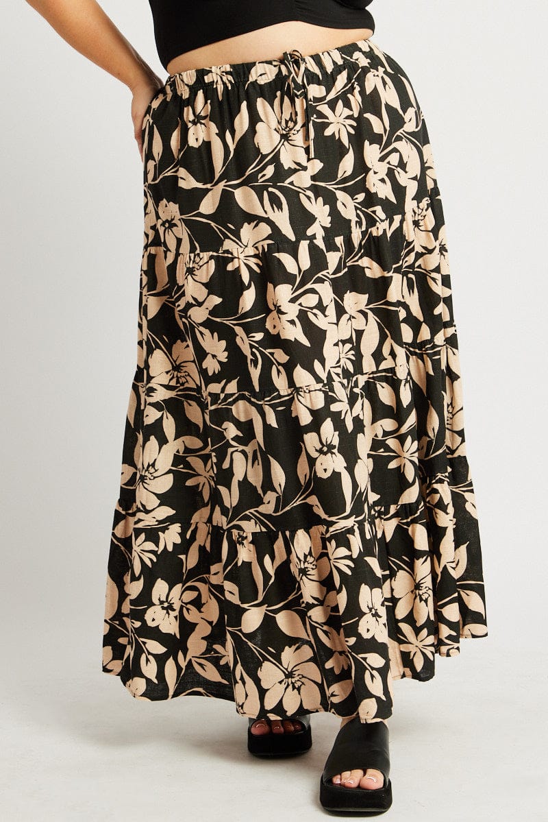 Black Floral Elastic Waist Tiered Maxi Skirt You All