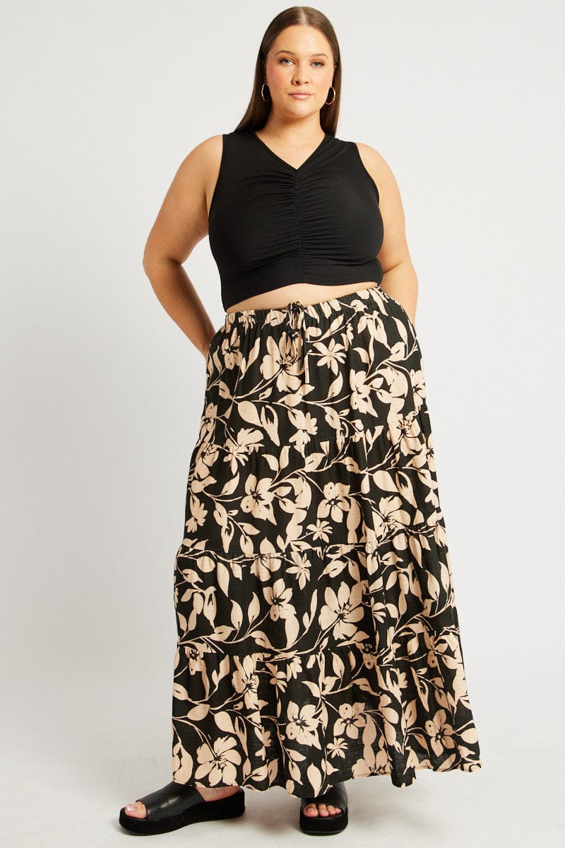 Black Floral Elastic Waist Tiered Maxi Skirt for YouandAll Fashion