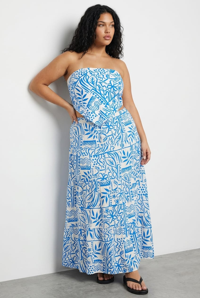 Blue Abstract Tiered Maxi Skirt Linen Blend for YouandAll Fashion