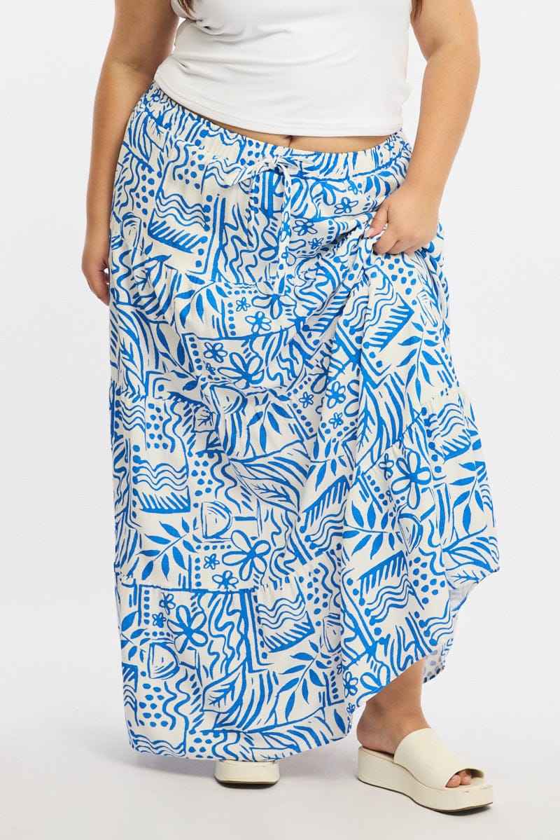 Blue Abstract Tiered Maxi Skirt Linen Blend for YouandAll Fashion