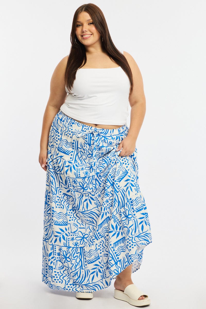 Blue Abstract Tiered Maxi Skirt Linen Blend for YouandAll Fashion