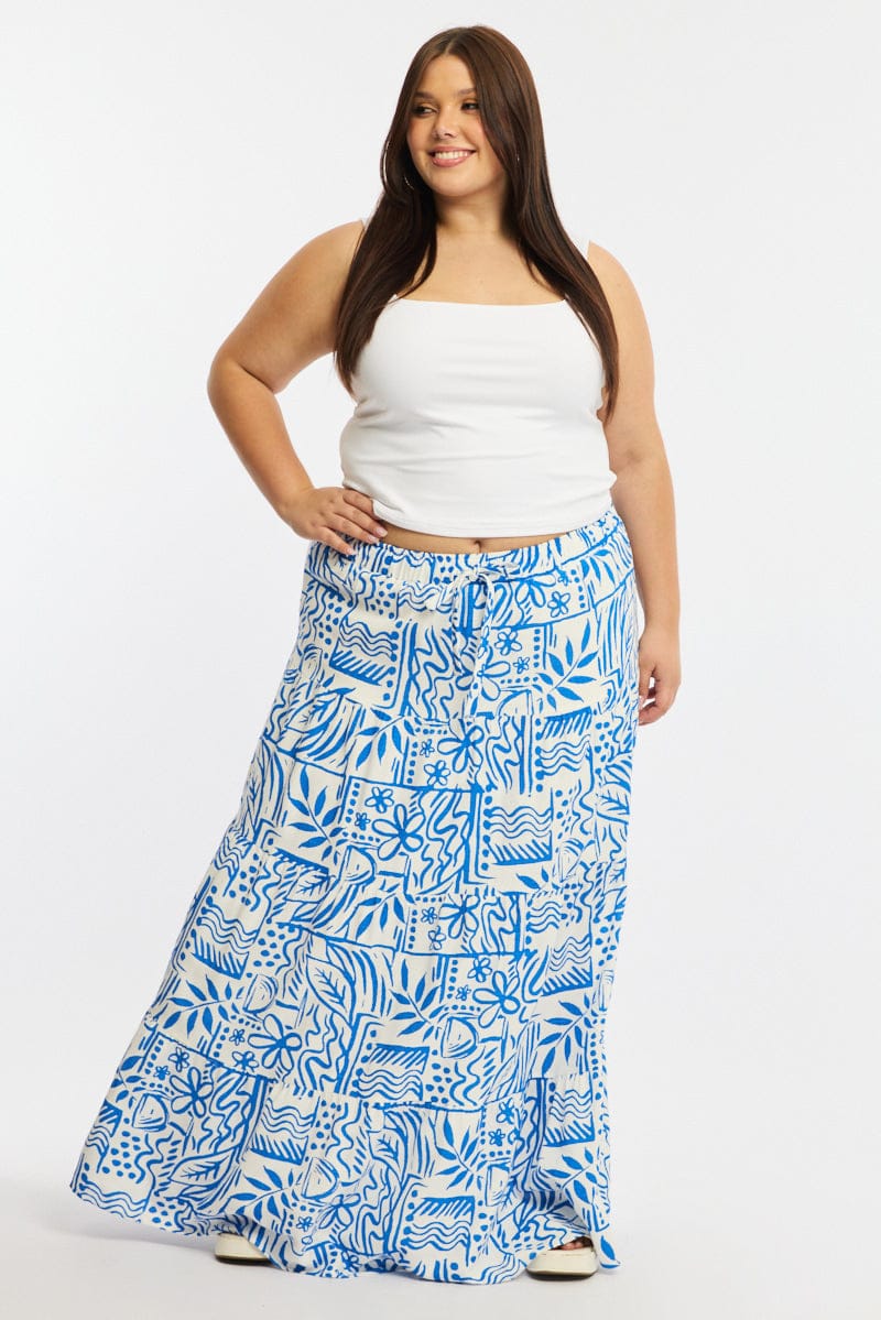 Blue Abstract Tiered Maxi Skirt Linen Blend for YouandAll Fashion