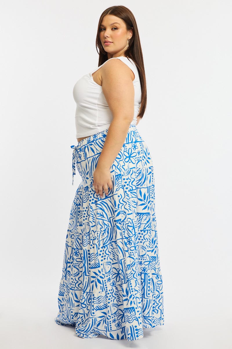 Blue Abstract Tiered Maxi Skirt Linen Blend for YouandAll Fashion