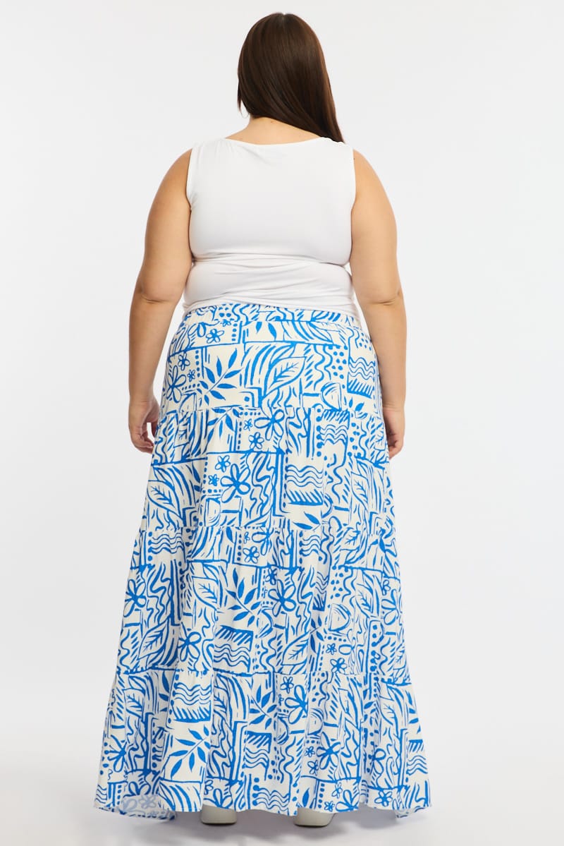 Blue Abstract Tiered Maxi Skirt Linen Blend for YouandAll Fashion