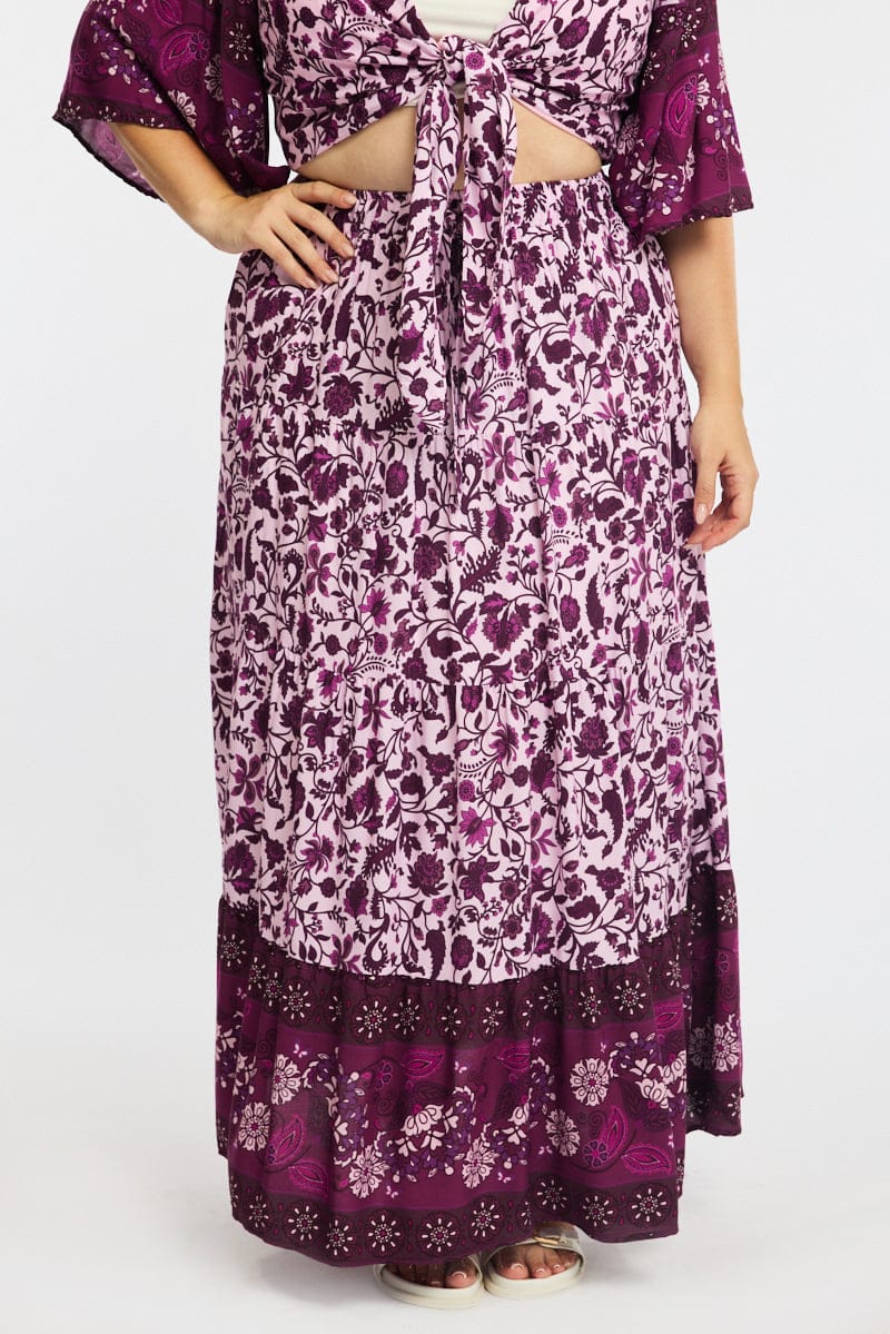 Red Boho Maxi Skirt Tiered Rayon for YouandAll Fashion