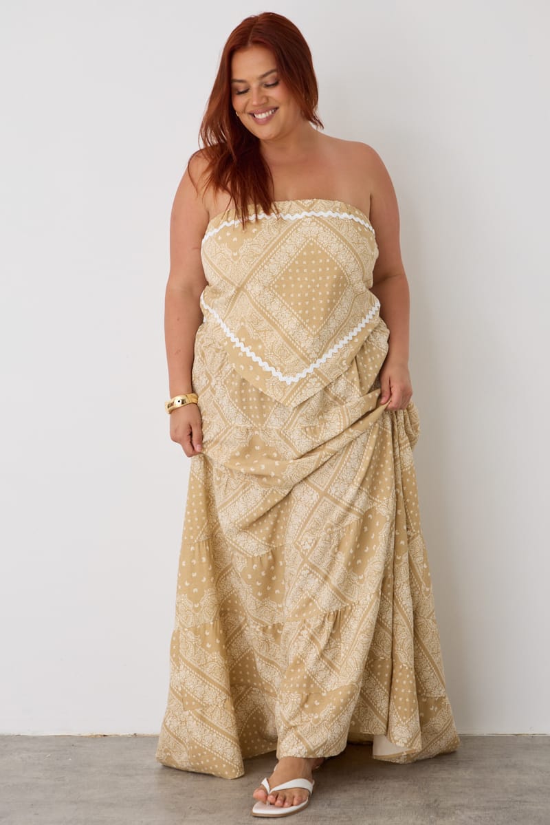 Beige Boho Linen Blend Maxi Skirt Elasticated Waist for YouandAll Fashion