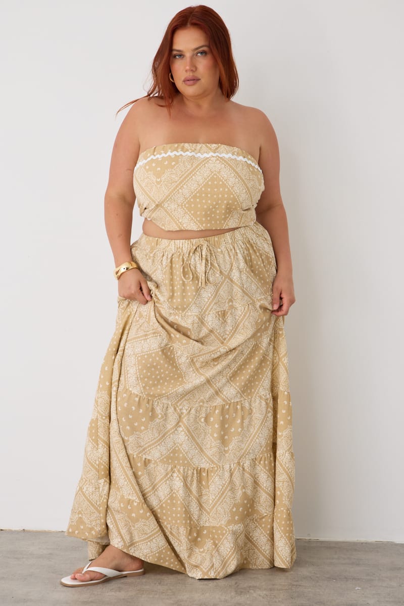 Beige Boho Linen Blend Maxi Skirt Elasticated Waist for YouandAll Fashion