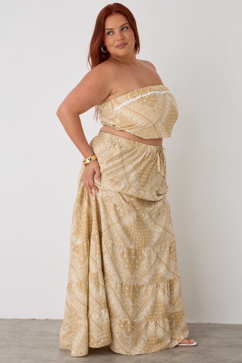 Beige Boho Linen Blend Maxi Skirt Elasticated Waist for YouandAll Fashion
