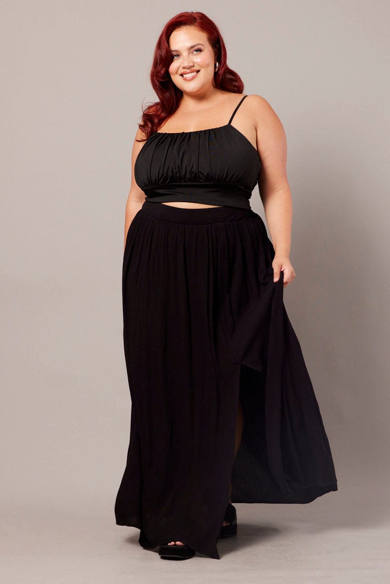 Black Crinkle Split Front Maxi Skirt for YouandAll Fashion