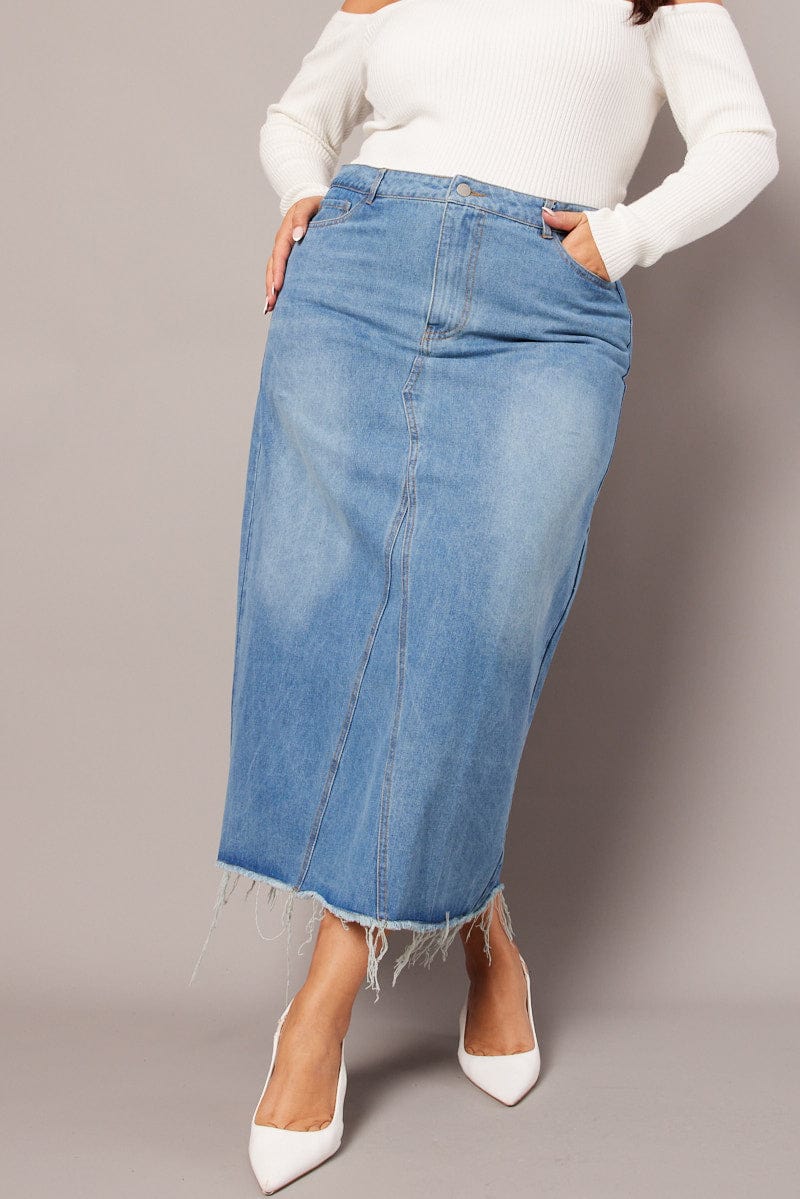 Denim Distressed Denim V Front Maxi Skirt for YouandAll Fashion