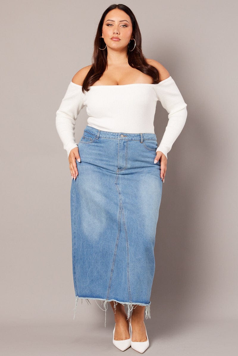 Denim Distressed Denim V Front Maxi Skirt for YouandAll Fashion