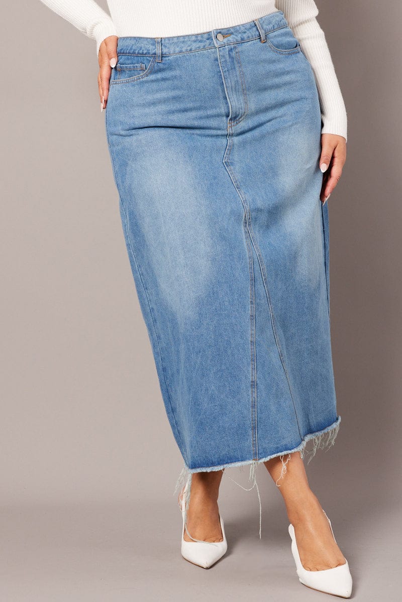 Denim Distressed Denim V Front Maxi Skirt for YouandAll Fashion