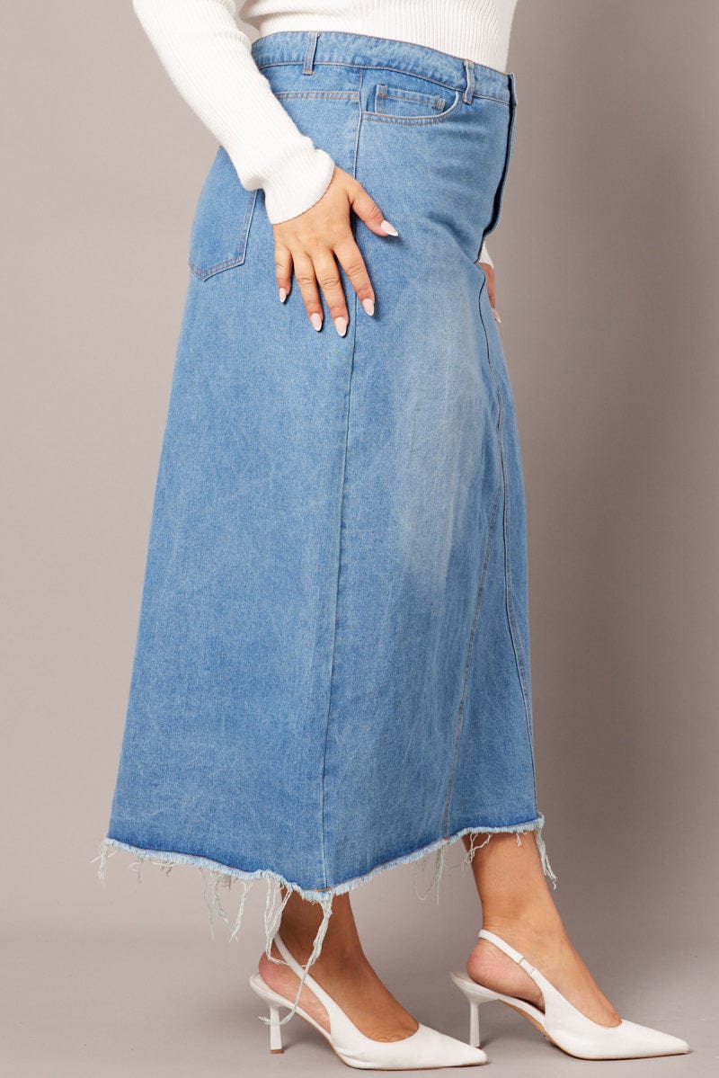 Denim Distressed Denim V Front Maxi Skirt for YouandAll Fashion