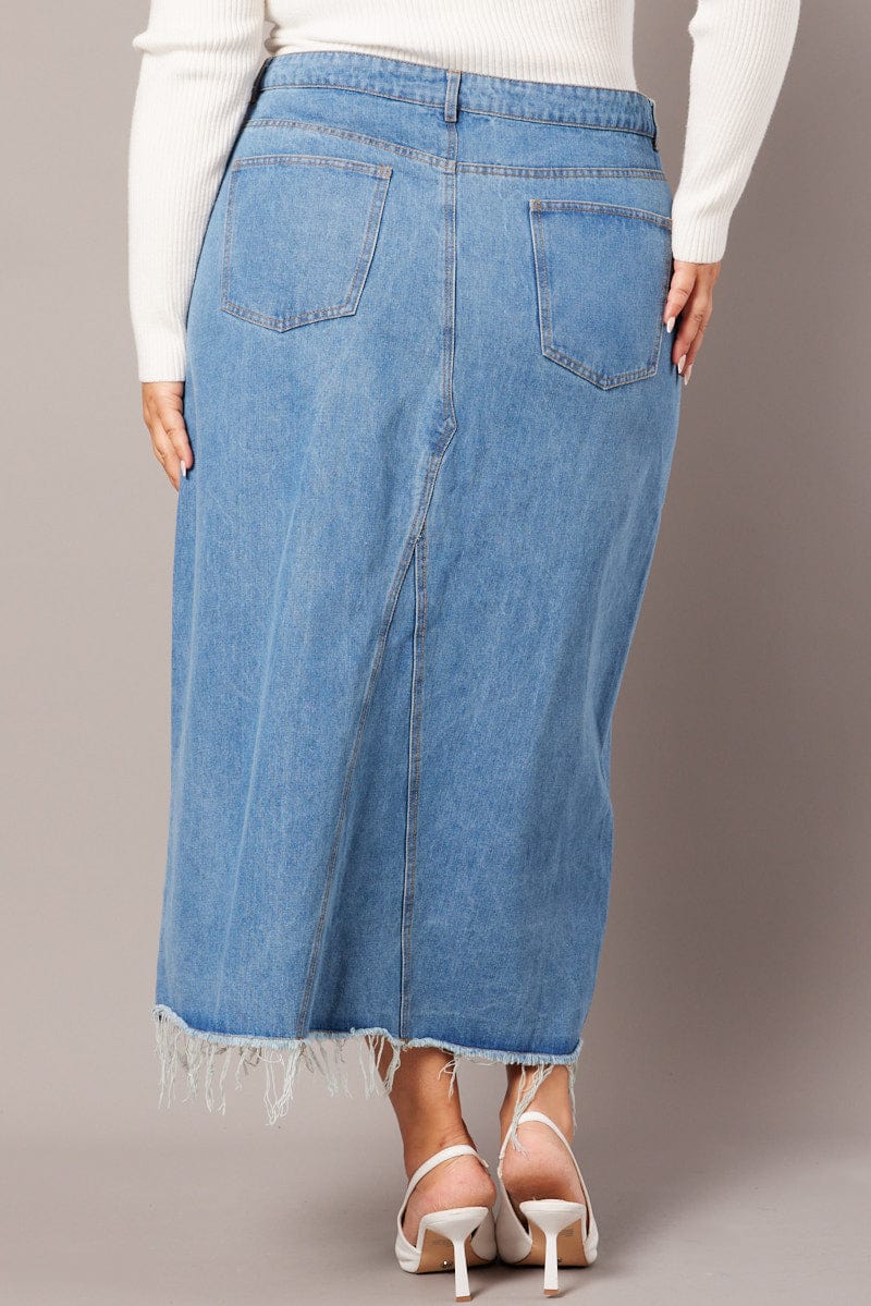 Denim Distressed Denim V Front Maxi Skirt for YouandAll Fashion