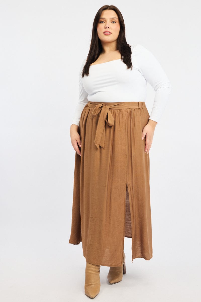 Brown Tie Waist Split Side Maxi Skirt for YouandAll Fashion