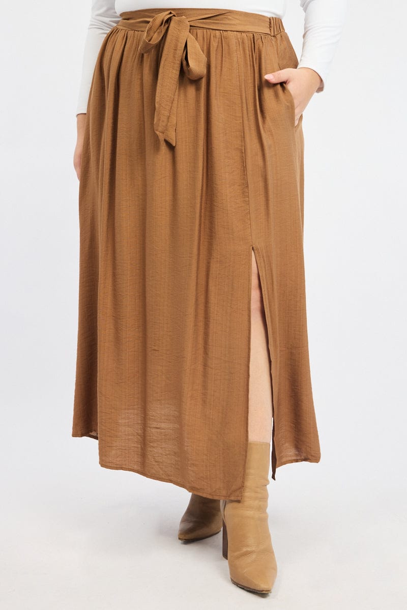 Brown Tie Waist Split Side Maxi Skirt for YouandAll Fashion