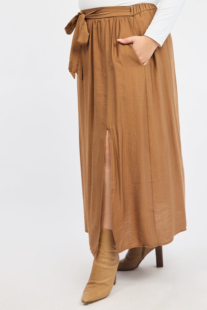 Brown Tie Waist Split Side Maxi Skirt for YouandAll Fashion