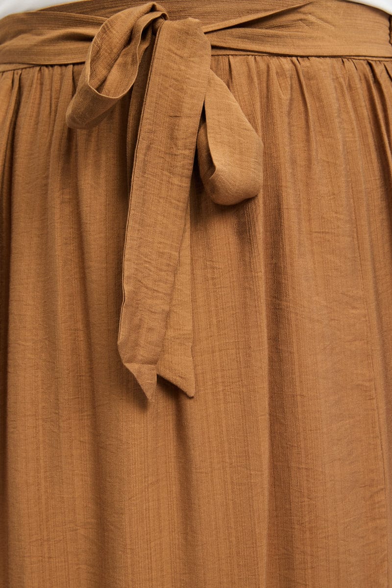 Brown Tie Waist Split Side Maxi Skirt for YouandAll Fashion
