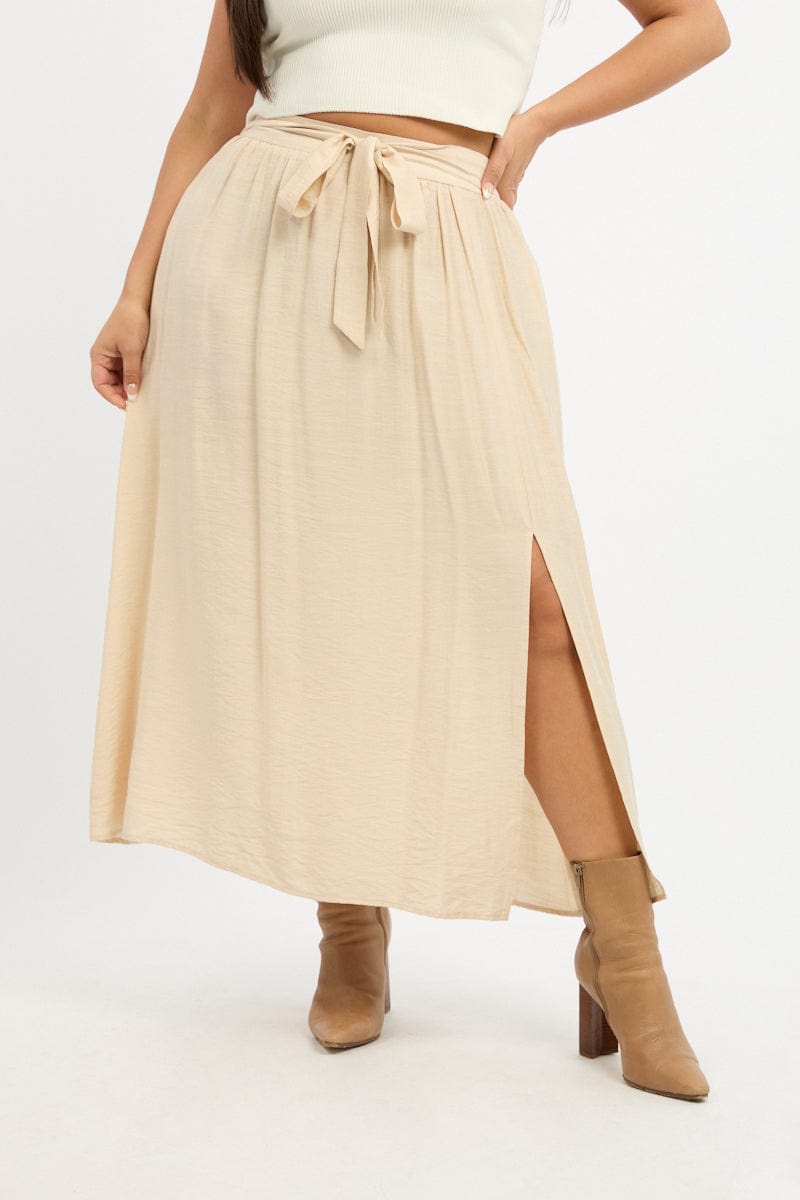 Beige Tie Waist Split Side Maxi Skirt for YouandAll Fashion
