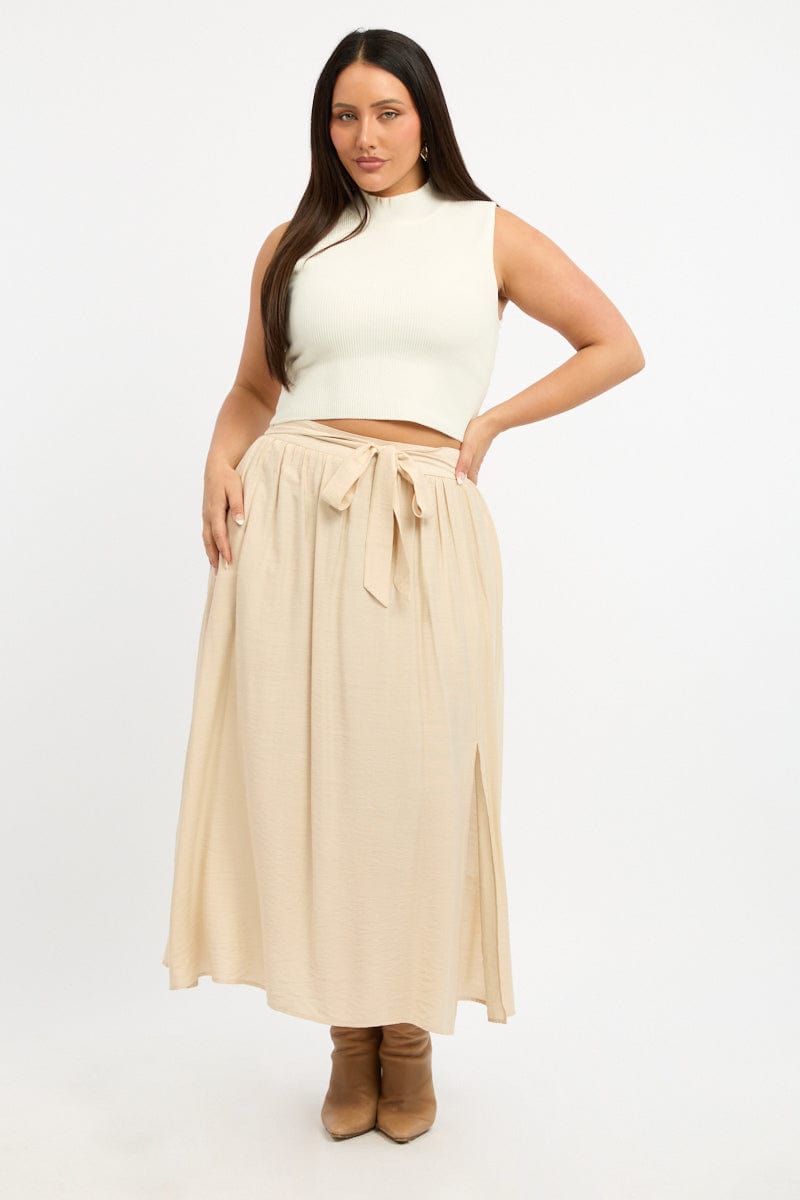Beige Tie Waist Split Side Maxi Skirt for YouandAll Fashion