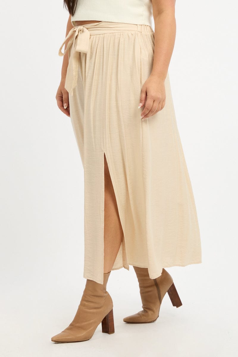 Beige Tie Waist Split Side Maxi Skirt for YouandAll Fashion