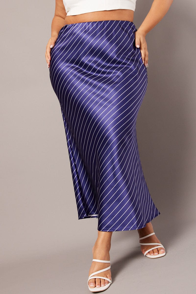 Blue Stripe Pinstripe Bias Satin Skirt for YouandAll Fashion