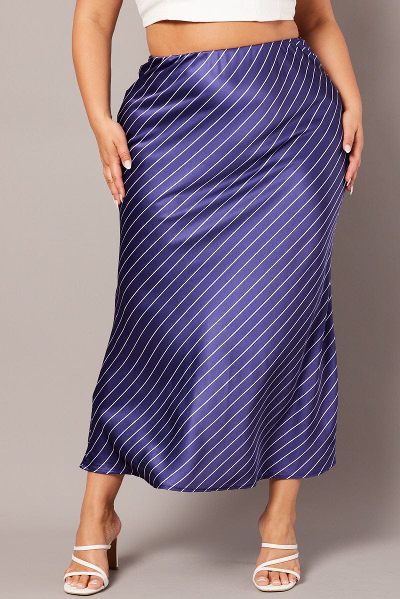 Blue Stripe Pinstripe Bias Satin Skirt for YouandAll Fashion