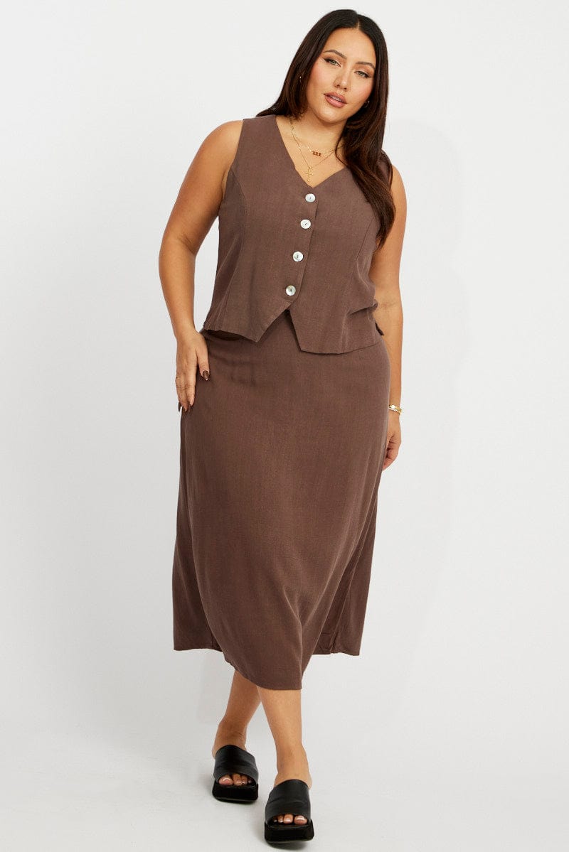 Brown Linen Blend Straight Longline Skirt for YouandAll Fashion