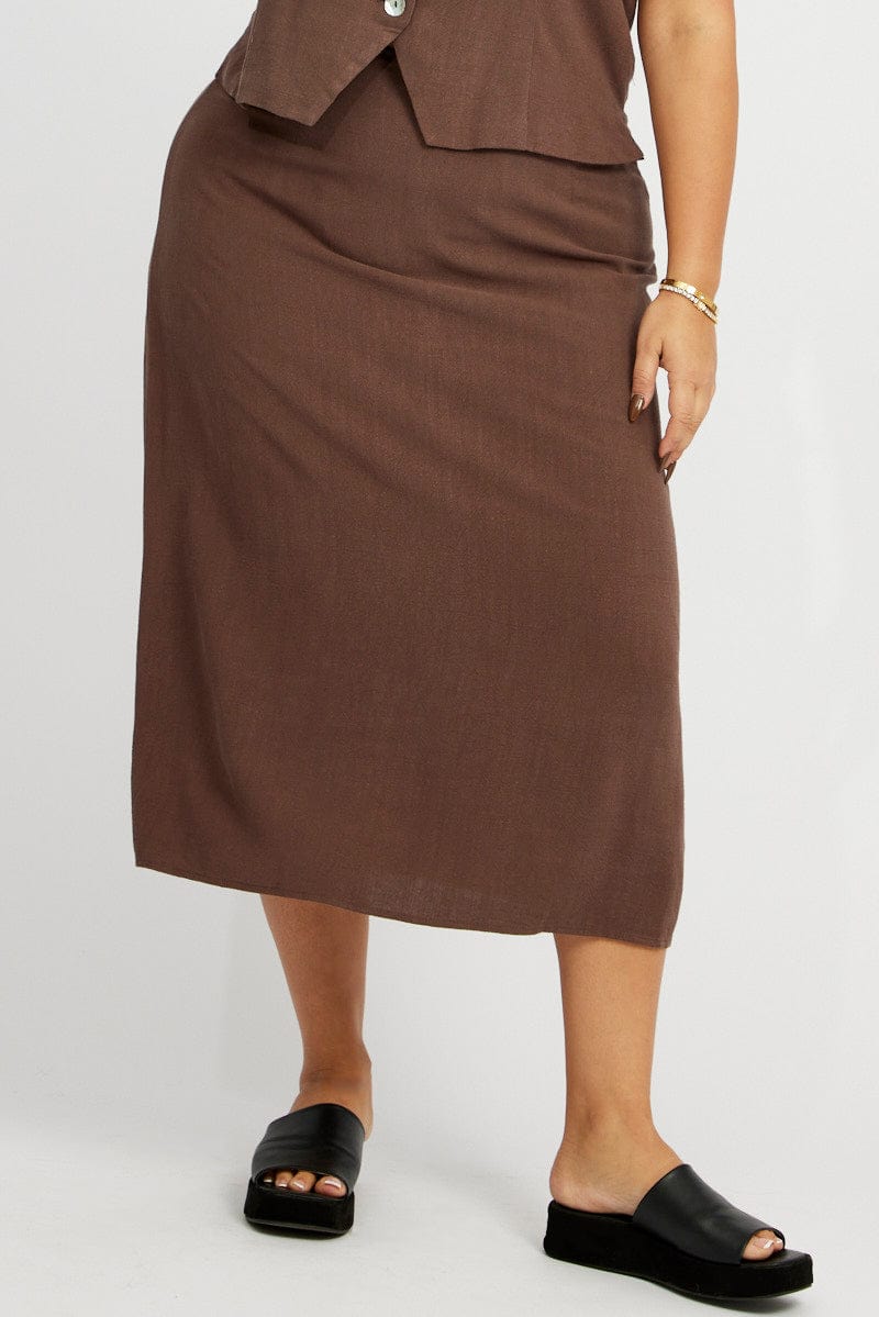 Brown Linen Blend Straight Longline Skirt for YouandAll Fashion