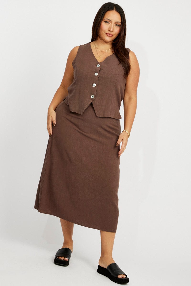 Brown Linen Blend Straight Longline Skirt for YouandAll Fashion