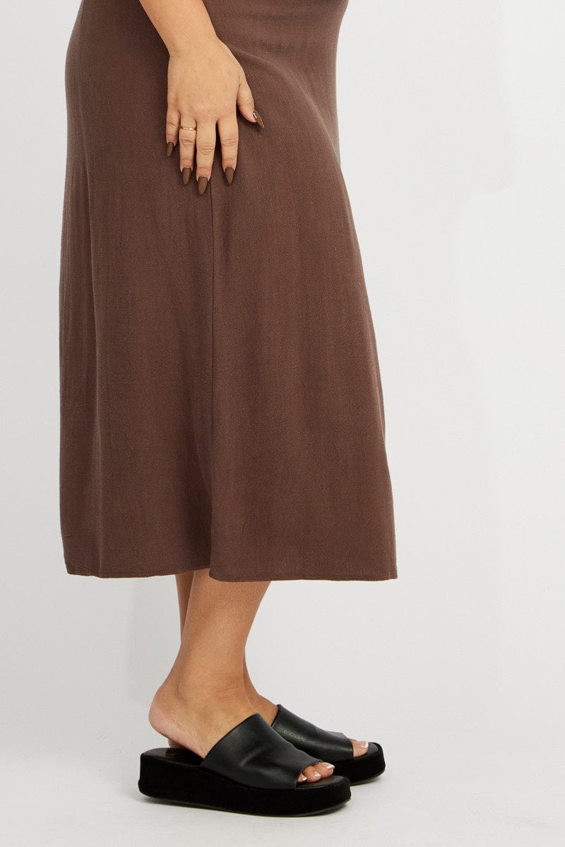 Brown Linen Blend Straight Longline Skirt for YouandAll Fashion