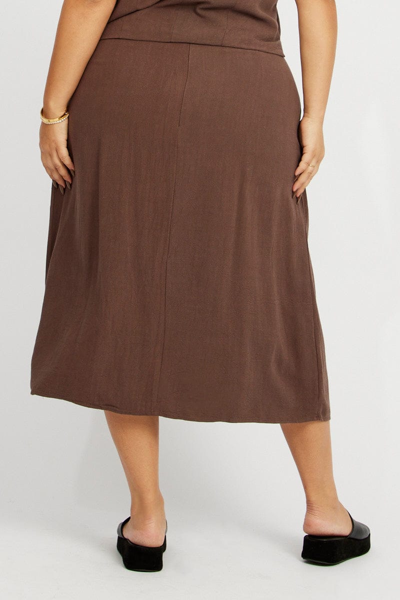 Brown Linen Blend Straight Longline Skirt for YouandAll Fashion