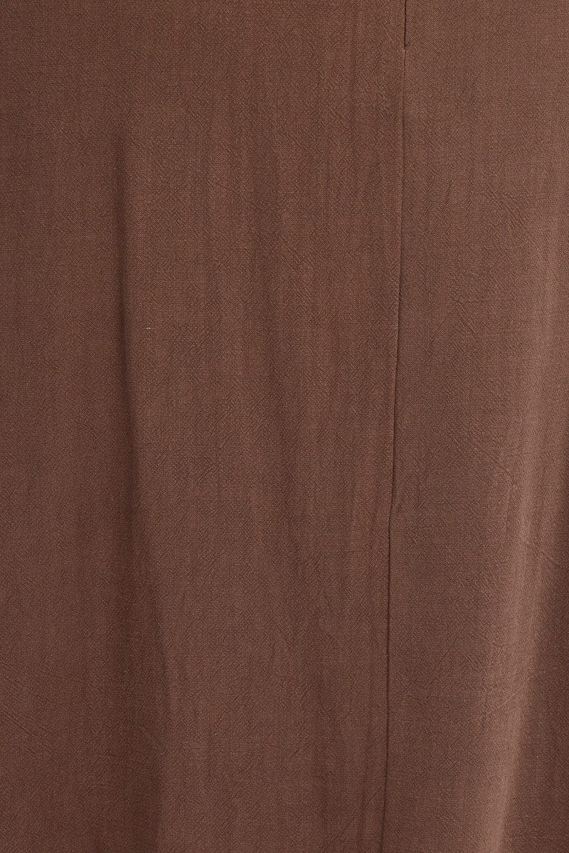 Brown Linen Blend Straight Longline Skirt for YouandAll Fashion