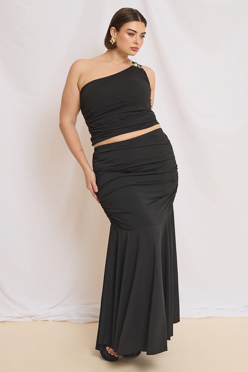 Black Maxi Skirt Ruched Waist Jersey for YouandAll Fashion