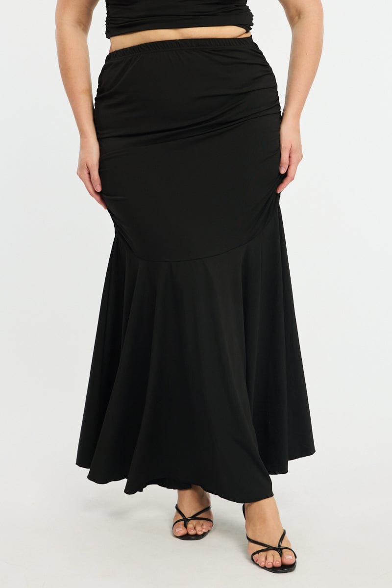Black Maxi Skirt Ruched Waist Jersey for YouandAll Fashion