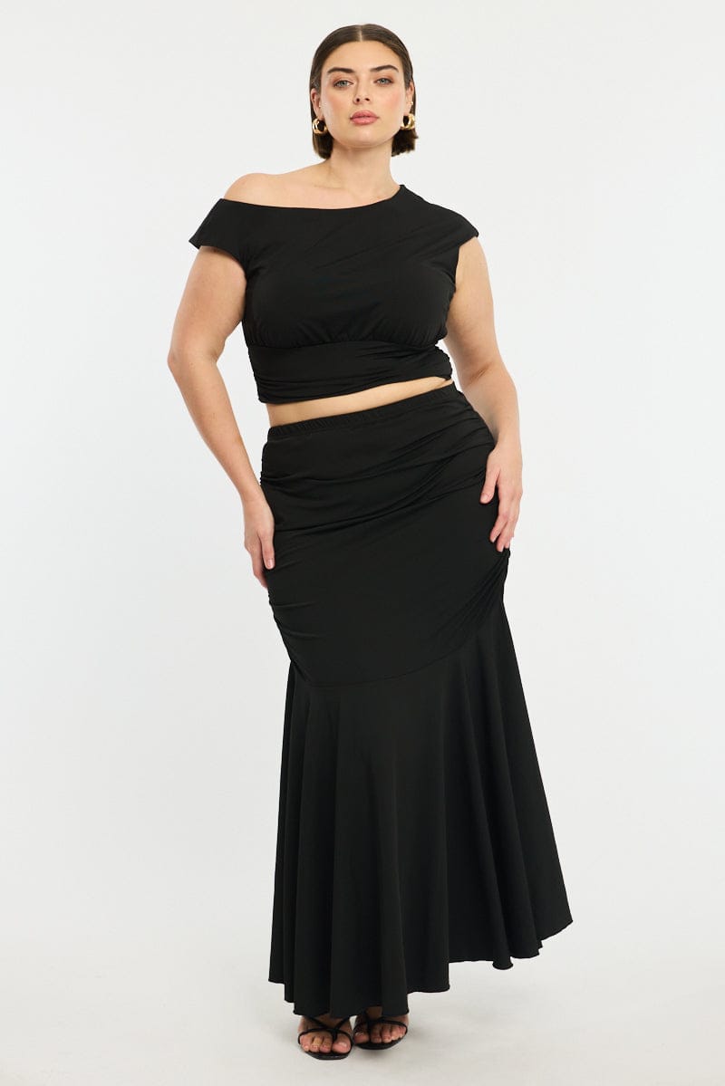Black Maxi Skirt Ruched Waist Jersey for YouandAll Fashion