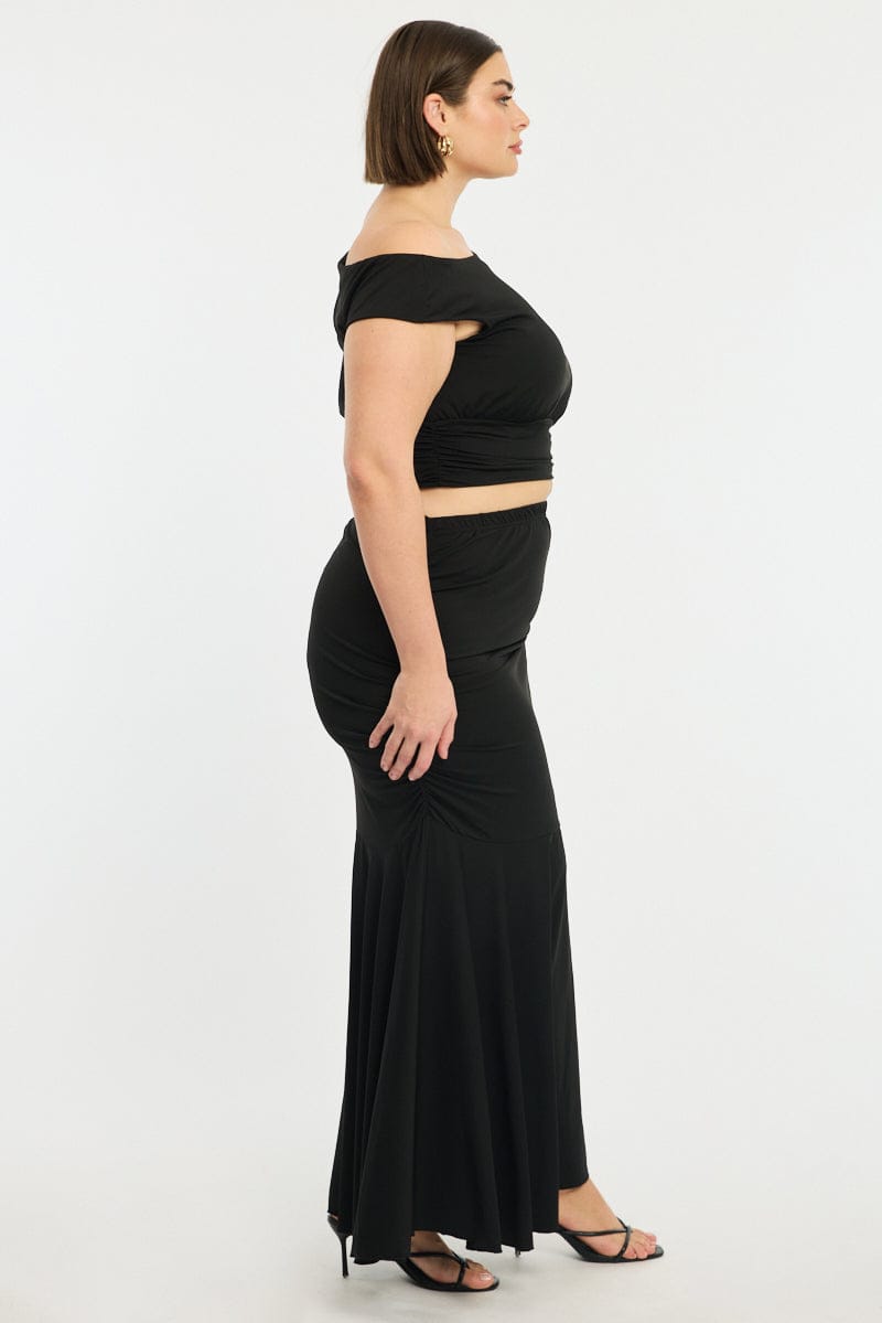 Black Maxi Skirt Ruched Waist Jersey for YouandAll Fashion
