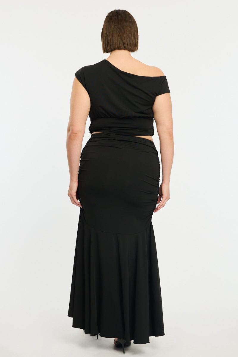 Black Maxi Skirt Ruched Waist Jersey for YouandAll Fashion