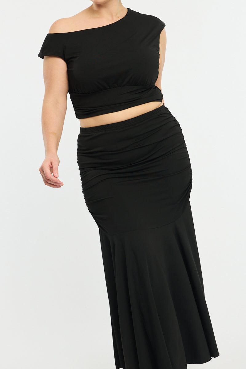 Black Maxi Skirt Ruched Waist Jersey for YouandAll Fashion