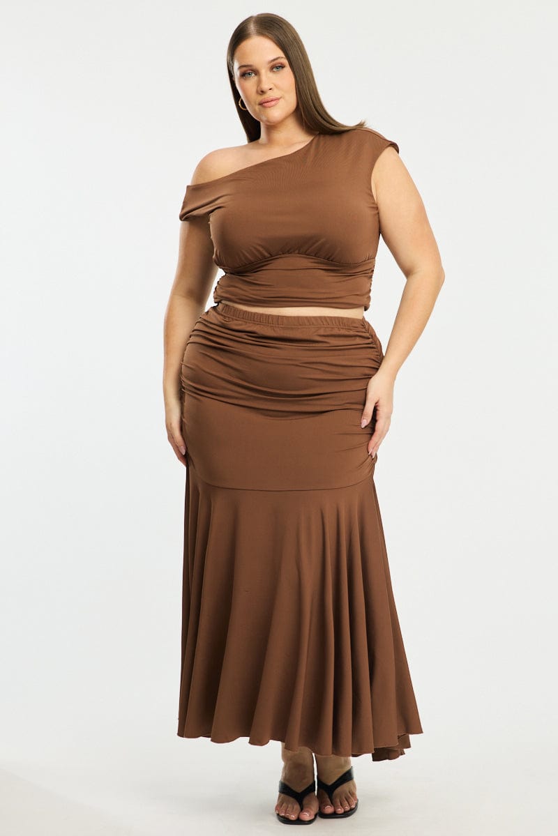 Brown Maxi Skirt Ruched Waist Jersey for YouandAll Fashion