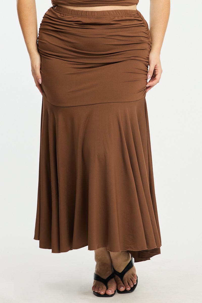 Brown Maxi Skirt Ruched Waist Jersey for YouandAll Fashion