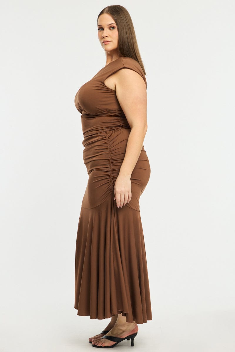 Brown Maxi Skirt Ruched Waist Jersey for YouandAll Fashion