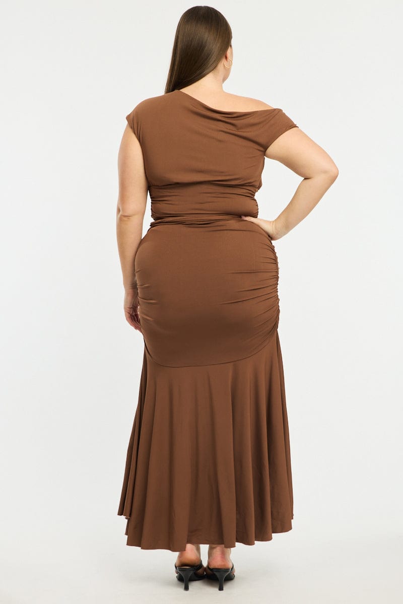 Brown Maxi Skirt Ruched Waist Jersey for YouandAll Fashion