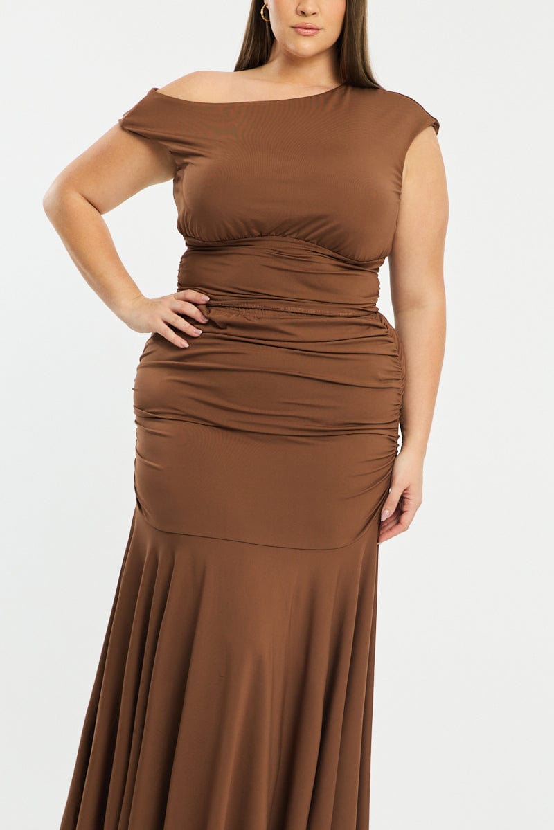 Brown Maxi Skirt Ruched Waist Jersey for YouandAll Fashion