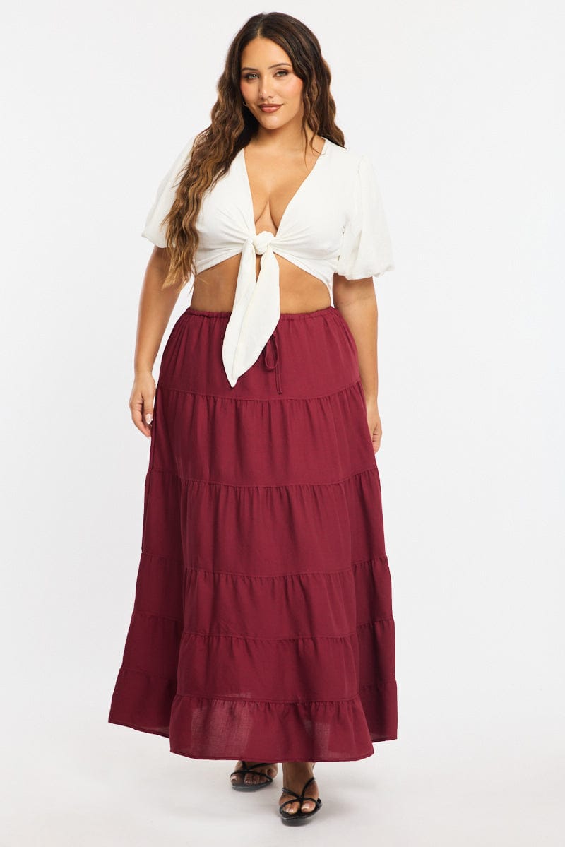 Red Tiered Skirt Elasticated Waist Textured for YouandAll Fashion